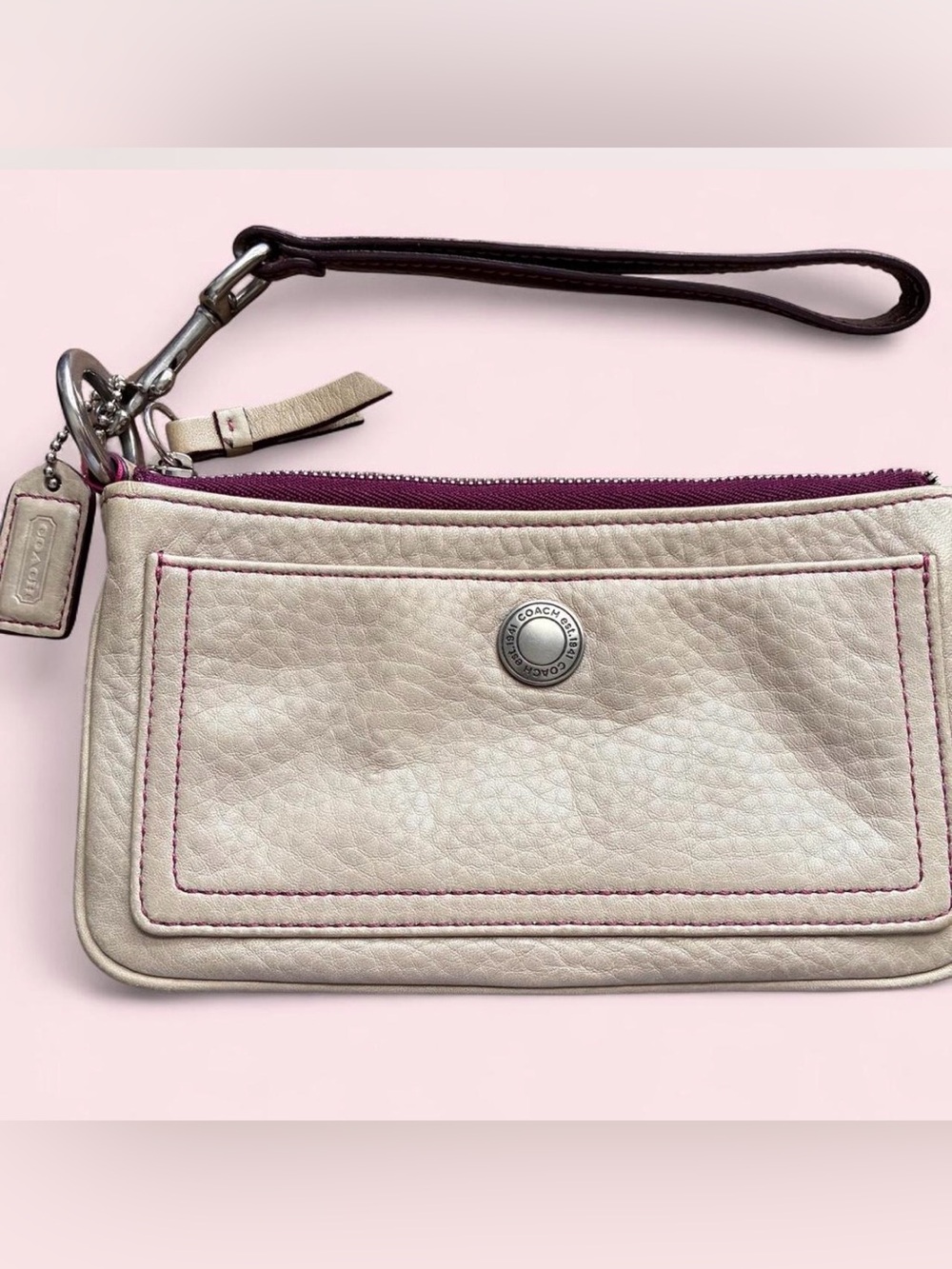 Vintage Coach Cream Leather Wristlet with purple Stitching, Lining and Zip